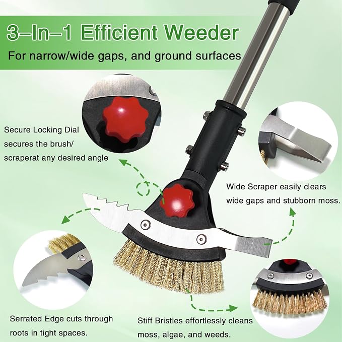 3 in 1 Crack Weeder Tool Long Handle | Heavy Duty Weed Puller, Stainless Steel Crevice Weeding Tool, Moss Scraper, For Driveway, Patio, Pavers, Sidewalk