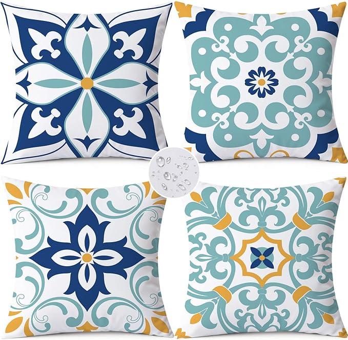 Outdoor Waterproof Throw Pillow Covers 18x18 Set of 4 Floral Boho Decorative Cushion Cases for Patio Furniture Garden Porch Bench Couch Sunbrella