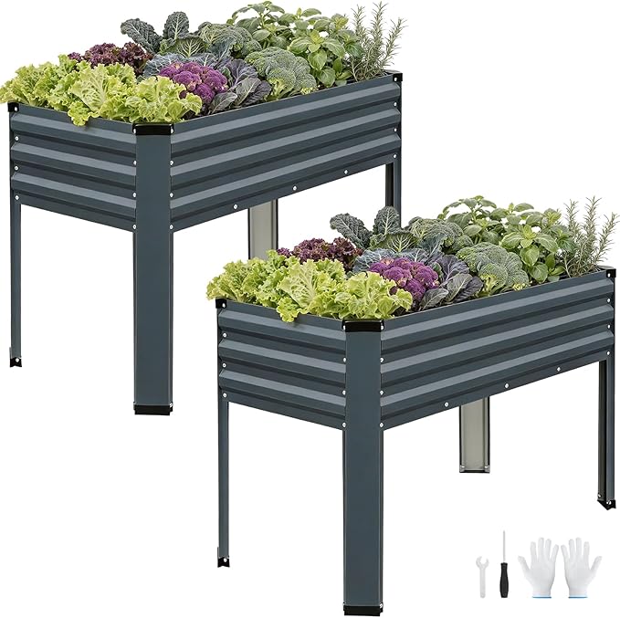 Galvanized Raised Garden Bed with Legs 2 Pack, 48x24x32in Elevated Raised Garden Bed Outdoor with Drainage Holes, Planter Boxes for Gardening Vegetable Flower Fruit in Backyard, Patio, Balcony (Grey)