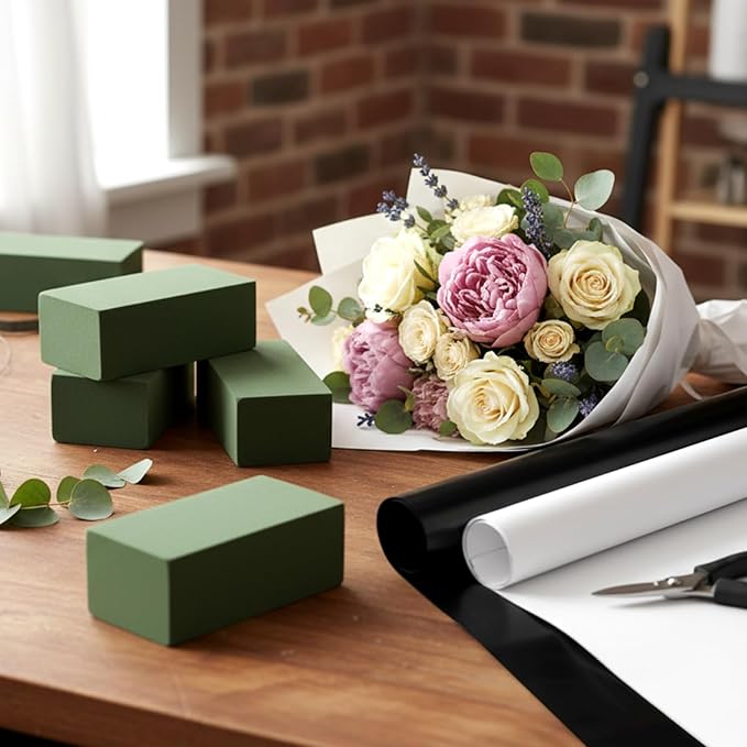 Jingmore DIY Flower Bouquet for Gift - 6 Pack Floral Foam Blocks 8" x 3.5" x 2" Dry and Wet, 40 Sheet Flower Bouquet Wrapping Paper Waterproof 22.8" x 22.8" for Anniversary Birthday Teacher Friend Mom