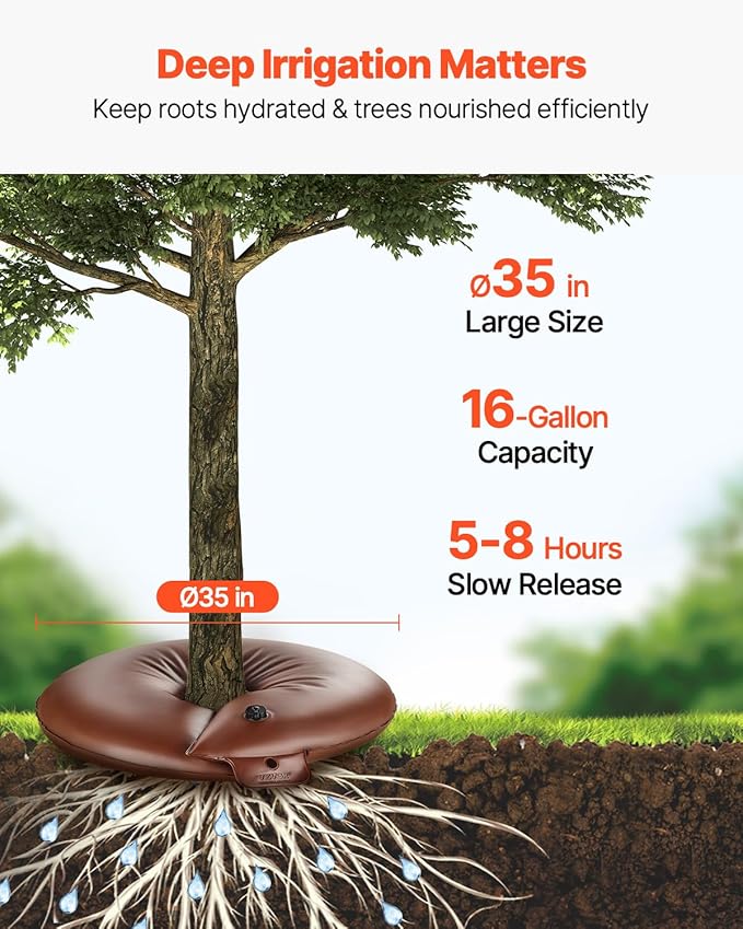 VEVOR Tree Watering Bags Slow Release, 4 Pack 16 Gallons Tree Watering Ring, Reusable Refillable Tree Irrigation Ring Water Bags, Heavy Duty Watering System for Shrub Tree Root Drip Irrigation