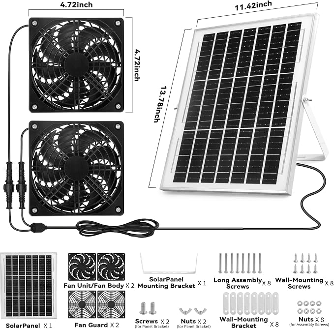 Solar Powered Fan Kit, Weatherproofed Exhaust Fan Air Ventilation Equipment with 25W Solar Panel and 2 High-Speed 5 Inch Dual Fans, Kit for Outside Chicken Coops, Pet House, Attics, Greenhouses, Shed
