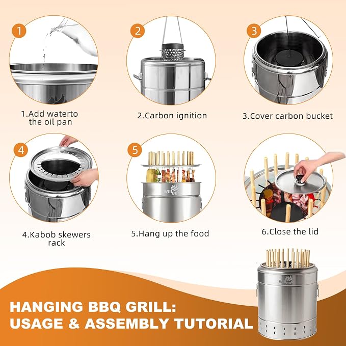 2-in-1 Charcoal Grill & Fire Pit, Vertical Barrel Grill for Outdoor BBQ | Portable Camping Grill with 360° Even Heating, Low Smoke Oil-Ash Separation, Stainless Steel for Backyard Parties(L)
