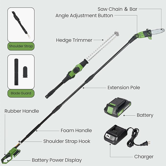 2-in-1 8" Cordless Pole Saw and 19" Pole Hedge Trimmer, Compatible with CURECURE 20V Battery, 9FT/9.37FT, 1500RPM Motor, Auto Oiling, Multi-Angle, Safety Lock, Use for Tree Trimming and Shrubs Pruning