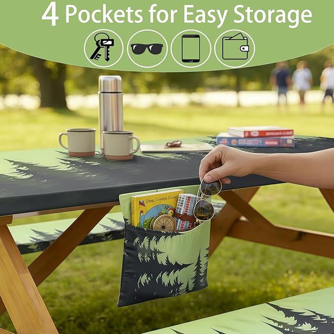 Fitted Waterproof Picnic Table Cover with Bench Covers Elastic 72×30In 3 Piece Camping Table Cloth for 6Ft Rectangle Tables Outdoor Camper Gifts Supplies Patio Rv Traveling Hiking Must Haves