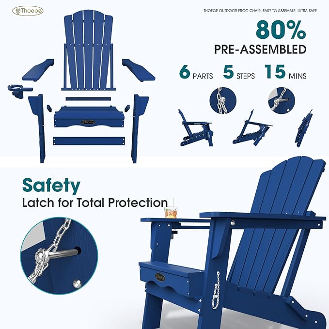THOEOE Folding Adirondack Chair Set of 4, HDPE All-Weather Outdoor Chair with Cup Holder, Wooden Textured, Fire Pit Chair, Plastic Patio Chair for Deck, Backyard, Garden, Lawn, Navy Blue