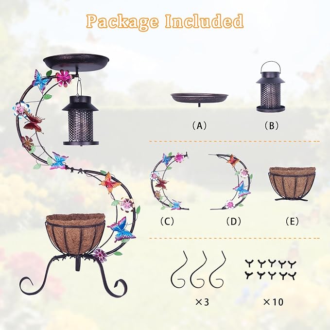 hogardeck 3-in-1 Vintage Bird Bath & Detachable Hanging Bird Feeder with Flower Planter, Metal Heavy Duty Outdoor Birdbath, Weather Resistant Decor for Garden Yard Lawn