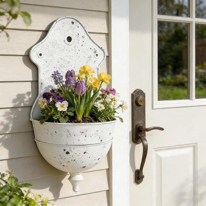 Rustic Metal Wall Planter Distressed Decor Wall Mounted Flower Pot Vintage Hanging Plant Holder for Outdoor Indoor Garden Home Balcony Patio Farmhouse Decorative (White)