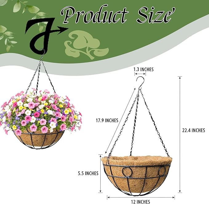 Classic Round Wire Hanging Basket 4 Packs 12 Inch Deep Coco Liner Water-Absorbing All-Weather Garden Deck Hanging Planter with Chain Flower Pot