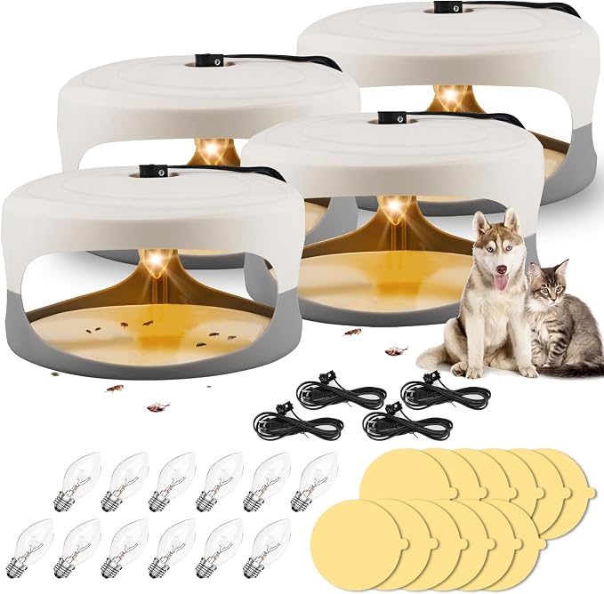 Flea Traps for Inside Your Home (4 Pack), Effective Indoor Flea Light Trap with 12 Sticky Discs & 12 Bulbs, Safe for Pets & Humans, Plug-in Sticky Pads for Bed Bugs & House Insects, 2026 Pro Version