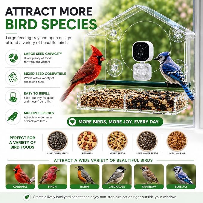 VicoHome X22 Bird Feeder Camera with Smart Window - Clear Acrylic, Outdoor Birdhouse Cam, Full-Color Night Vision, AI Bird Recognition, Motion Alerts, App Control, IP65 Waterproof