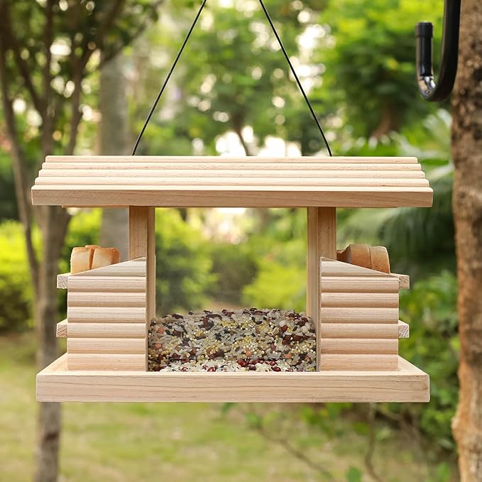 Double Suet Cake Bird Feeder, Wooden Hanging Platform with Windows, Outdoor Wild Bird Mealworm Feeder
