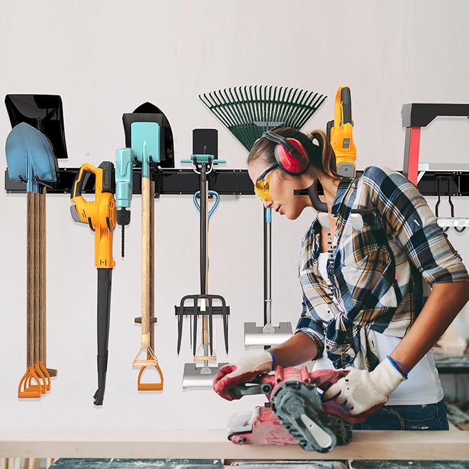 Sttoraboks Garage Tool Storage Rack, Heavy Duty Garage Storage Organizer Rack System Wall Mounted Tool with 6 double hooks, 2 rails, Garden Yard Tools Hanger Rack for Ski Gears, Broom, Rake,Shovel
