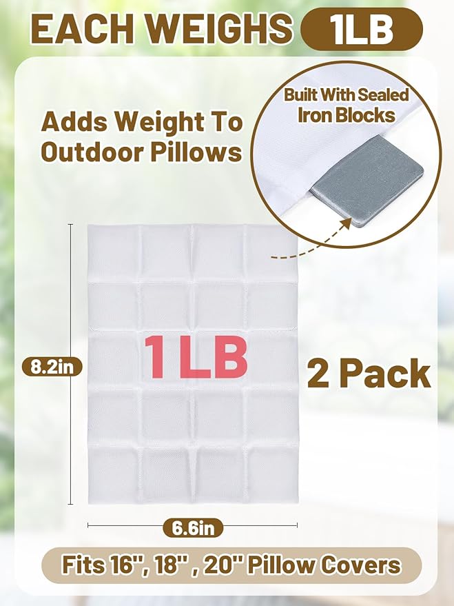 Apipi Wind Resistant Weighted Pillow Inserts for Outdoor - 2 Pack 1lb Each Hidden Weighted Inserts Help Keep Pillows in Place, Easy to Install & Remove for Windy Patios, Beach & Desert, 8" x 7"