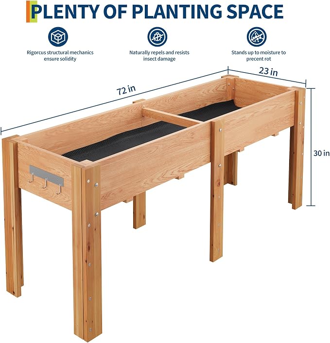 72x 23x30IN Raised Garden Bed Outdoors with High Legs & Hooks, Non-Woven Liner, Elevated Wooden Large Planter Box for Backyard, Patio, Balcony w/Divider Panel, 6 Legs, 300lb Capacity