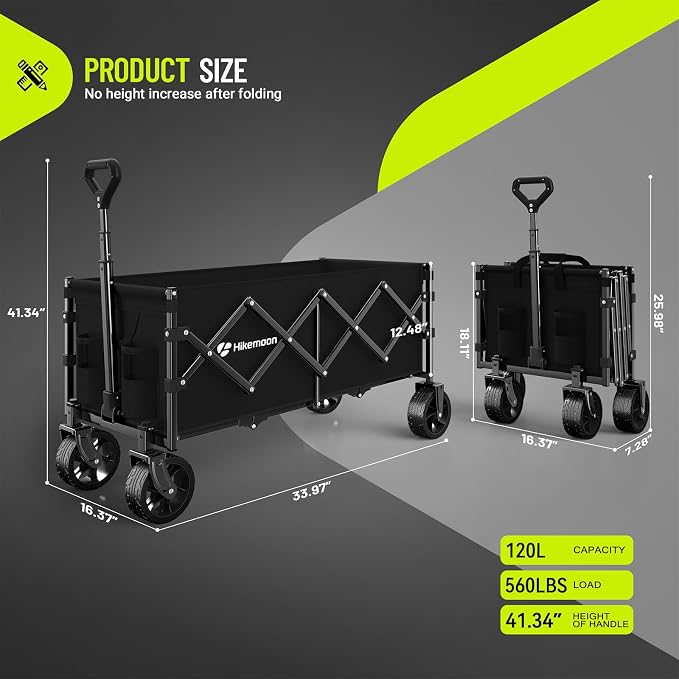 Hikemoon 34'' Extra Long Collapsible Wagon with Big All-Terrain Wheels, 360LBS Heavy Duty Wagons Carts Foldable, Portable Utility Folding Cart for Grocery, Shopping, Beach, Garden, Camping, Black
