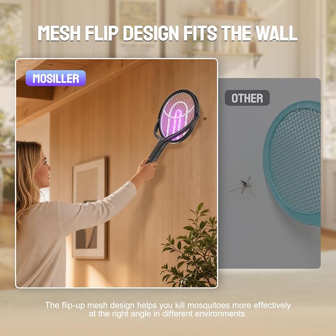 Mosiller Rotating Head Electric Fly Swatter, 4000V Bug Zapper with 1800mah Rechargeable Battery, 2 in 1 Purple Mosquito Light Killer with Rotating Head for Indoor Home Patio Camp Office(Black)