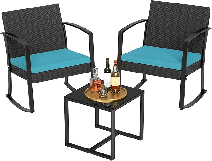 Homall Patio Furniture Set 3 Piece Resin Outdoor Bistro Set Rocking Patio Chairs with Cushions and Table for Porch, Poolside, Balcony and Yard (Blue)