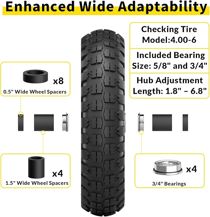 RONPOW 4.00-6 Flat Free Tire and Wheel, 13 Inch Solid Garden Wheelbarrow Tires, 300Lbs with 5/8" & 3/4" Axle Hole, 1"-3.5" Hub for Garden Cart, Wheelbarrow, Hand Truck, for Home Farm, 2Pcs Black