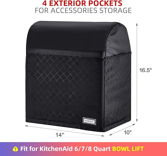 HOMEST Stand Mixer Quilted Dust Cover with Pockets Compatible with KitchenAid 6/7/8 Quart Bowl Lift, Black(Patent Design)