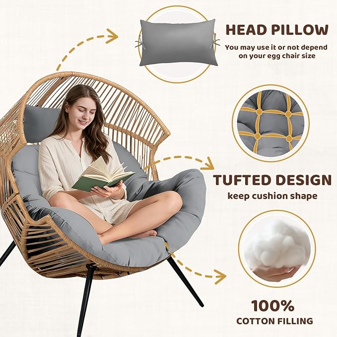 Waterproof Egg Chair Cushion Replacement, 47x33x7 Inches Thicken Outdoor Hanging Chair Cushion with Headrest Pillow, Cushions for Egg Chairs, Gray