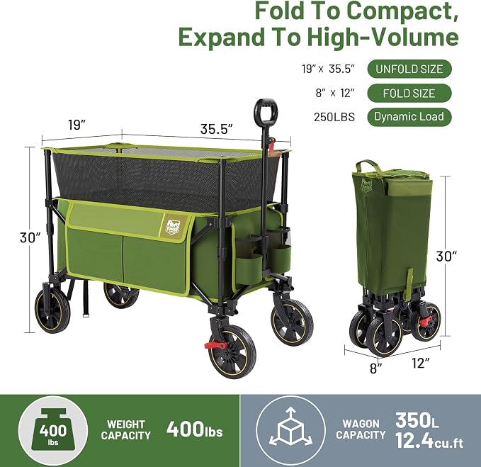 Timber Ridge Collapsible Folding Wagon 350L Extra Large with Brake, Heavy Duty Camping Utility Cart Outdoor, Extended Height Adjustable Handle, Cup Holders, Side Bag, Green