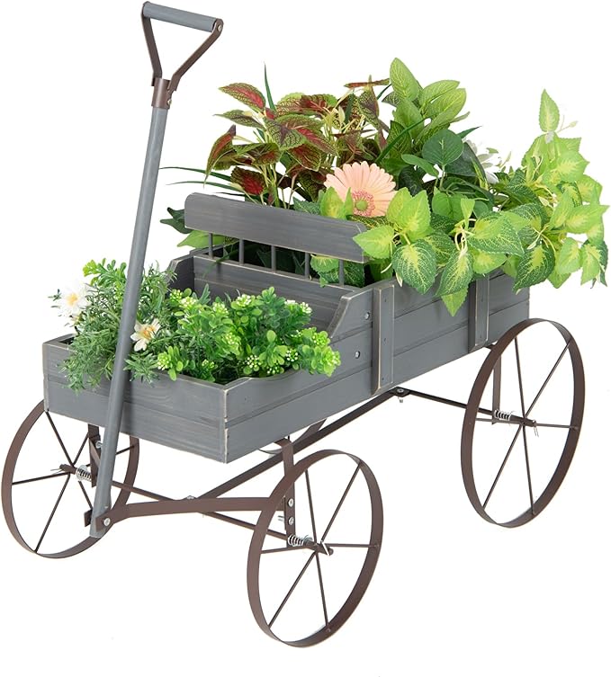 DORTALA Wood Wagon Planter, Outdoor Garden Flower Planter Cart with Wheels, Small Decorative Wood Raised Bed Plant Pot Box Stand for Backyard, Patio, Balcony, Grey