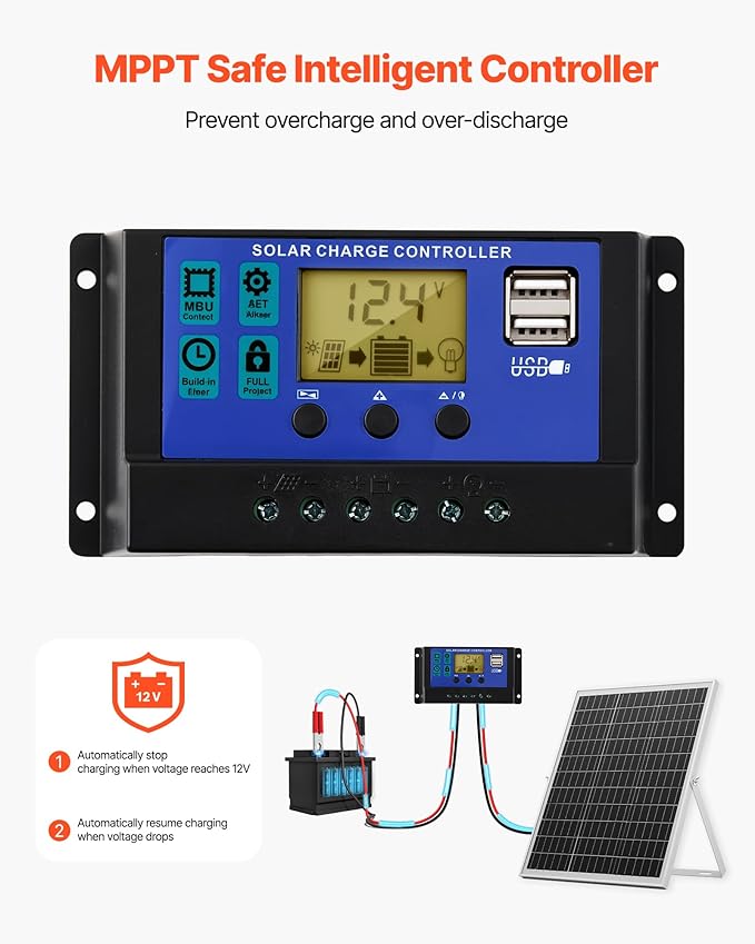 VEVOR 25W 12V Solar Panel Battery Charger, Solar Battery Trickle Charger Maintainer with Intelligent MPPT Controller & Adjustable Mount Bracket, IP67 Waterproof for Car Boat RV Motorcycle Trailer