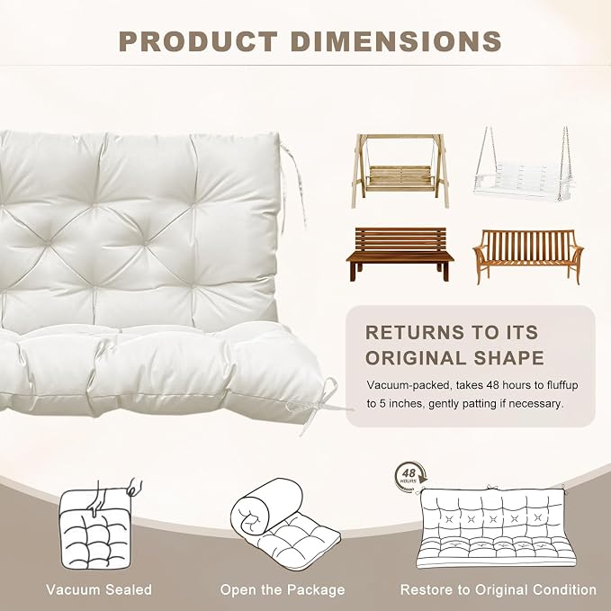 Porch Swing Cushion with Backrest, Waterproof Bench Cushion for Outdoor Furniture, 2-3 Seater Replacement Thickened Swing Cushion with Ties, Patio,Outdoor, Backyard and Garden (Cream,40x40in)