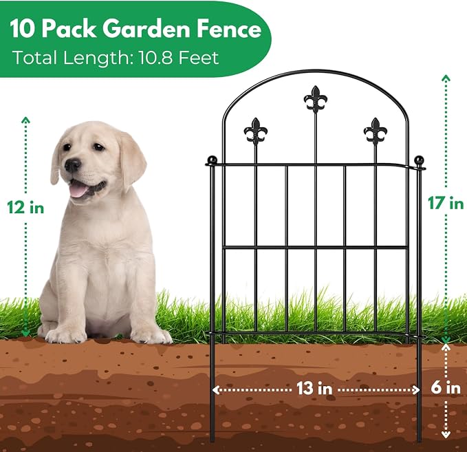 Decorative Garden Fence Border 10 Pack 22in(H) x 10ft(L), Black Rustproof Metal Garden Fencing Animal Barrier for Dogs