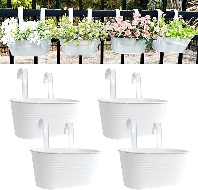 12" Balcony Railing Planters, Outdoor Hanging Planter for Fence, Stylish Metal Porch Deck Flower Pot for Herbs & Succulents (White, Pack of 4)
