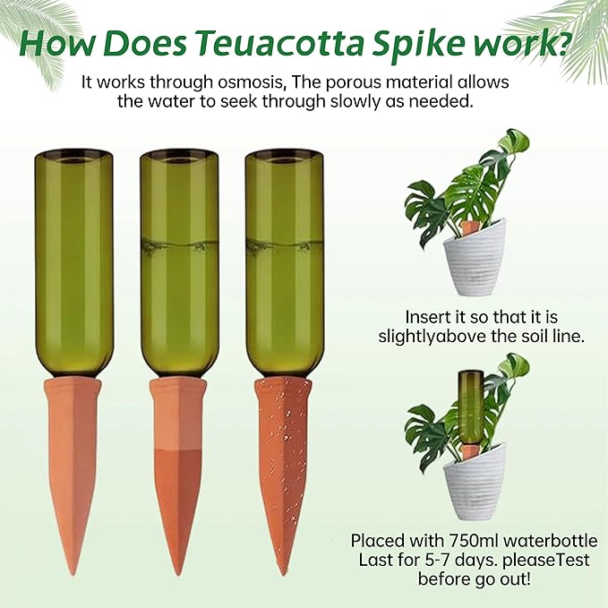 Large Clay Plant Watering Spikes with Lids | 6 Pack Automatic Self Watering Stakes for Large Indoor & Outdoor Planters | Terracotta Vacation Plant Waterer with Bonus 3-Tooth Soil Loosening Rake