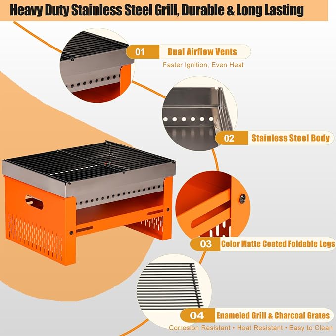 Portable Charcoal Grill, Small Tabletop BBQ, Foldable Mini Hibachi, Stainless Steel Camping Grill, Compact Outdoor Cooker for Picnic, Tailgating (Orange)