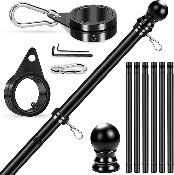 Flag Pole for Outside House Porch Wall Mount, REERON 7 FT No Tangle Stainless Steel Spinning Flagpole Kit with 360° Rotating 1" Metal Flag Pole Rings Clips for 3x5' 4x6' American Flag, Without Bracket