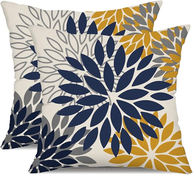 DFXSZ Blue Yellow Flower Pillow Covers 18x18 Inch Set of 2 Outdoor Throw Pillows Outdoor Waterproof Decor for Living Room Sofa Patio Funiture Garden Floral Polyester Pillow Covers 002Z18