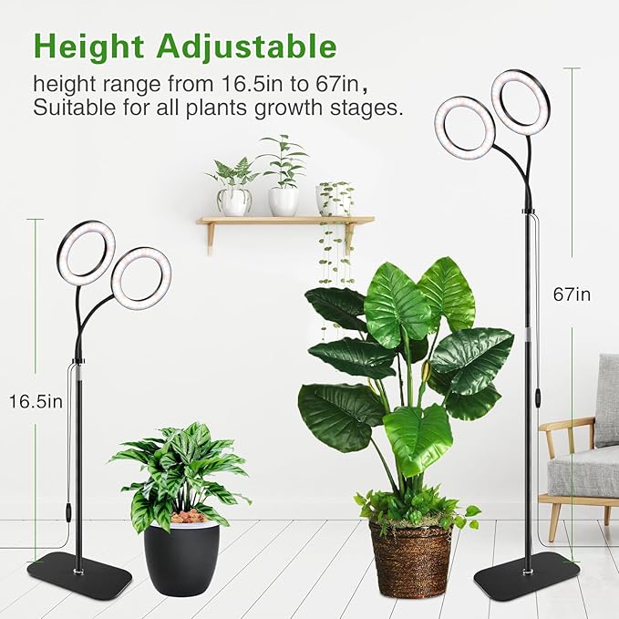Grow Light with Stand for Indoor Plants, Dual Head Full Spectrum Floor Plant Light for Large Tall Plants, 16.5-68in Adjustable Height, 3/9/12H Timer, Dimmable, Modern Ring Grow Lamp for Home Décor