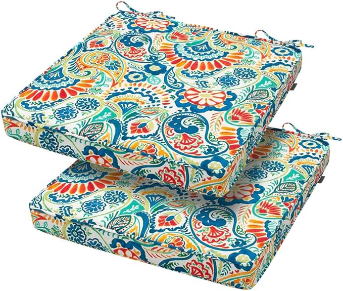 Magpie Fabrics Square Corner Seat Cushion, 18" x 18" x 2.5", 2 Pack, Indoor/Outdoor Waterproof Weather Resistant Universal Chair Pads for Patio Garden Dining - Paisley Multi