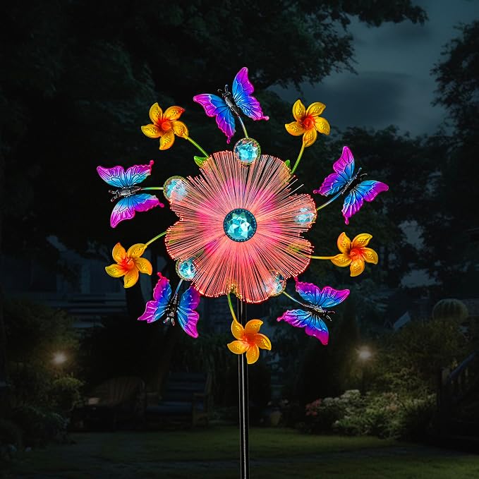 44" Butterfly Wind Spinners Garden Stake, Solar Flower Butterfly Wind Sculpture Yard Art Decorations for Lawn, Patio & Yard & Garden Decor, Metal Whirligigs Wind Spinners Outdoor Decor