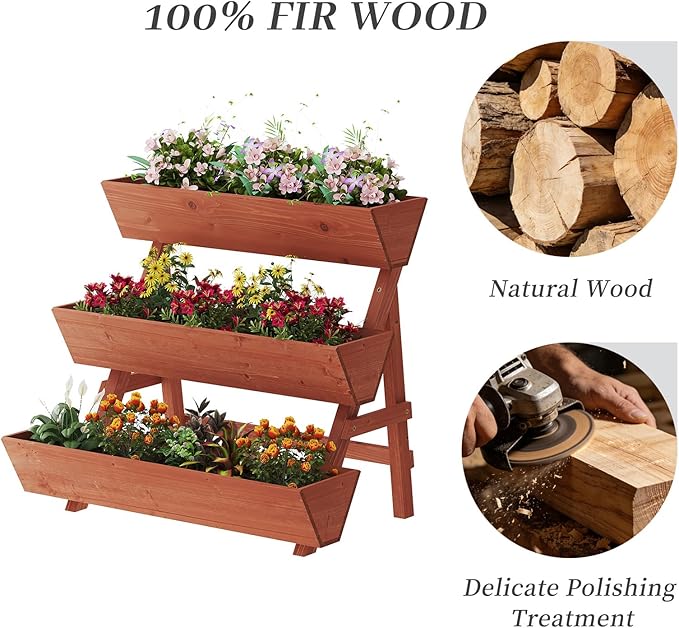Kitsanery 3-Tiers Wooden Raised Garden Bed,Wood Planter Box for Vegetable,Flower Rack,Flower Pot Stands,Indoor Outdoor Gardening Planting Beds (Brick red, Large)