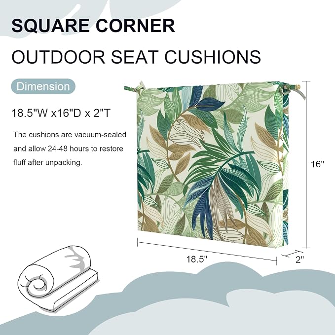 DYTXIII Set of 2 Outdoor Chair Cushions, Water Resistant 18.5"x16"x2" Square Seat Cushion for Patio Dining Chairs, High-Density Replacement Pads for Indoor Outdoor Furniture - Lush Leaf Green