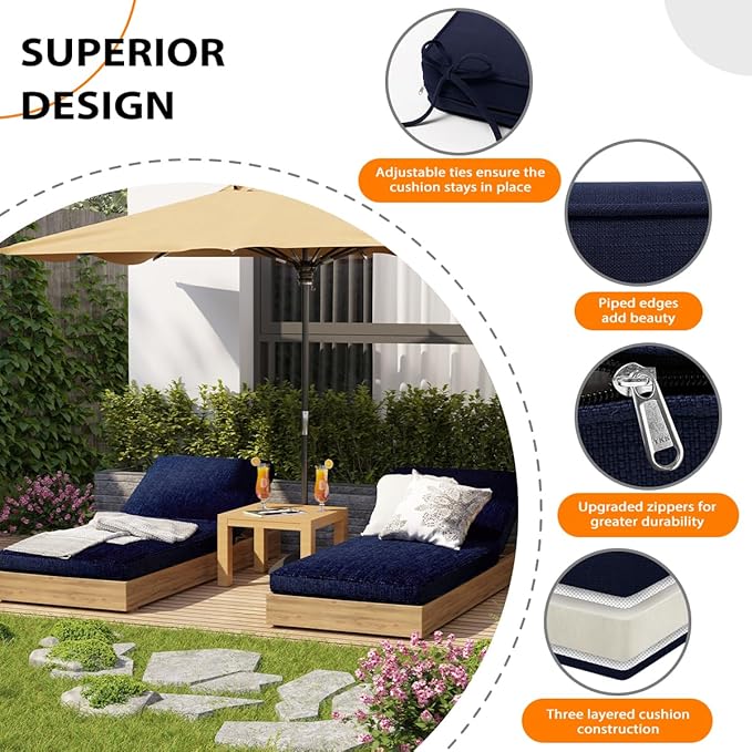 Sundale Outdoor Olefin Chaise Lounge Cushion, Water-Resistant Patio Lounge Chair Cushion, Thick Lounger Pad with 4 Straps Navy Blue, 80 x 26 x 4 Inches