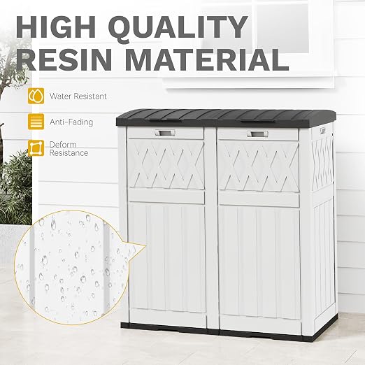 DWVO 76 Gallon Garbage Dual Can, Resin Outdoor Trash Can with Tiered Lid and Drip Tray, Waterproof Trash Bin for Patio,Kitchen,Backyard(Grayish-White)