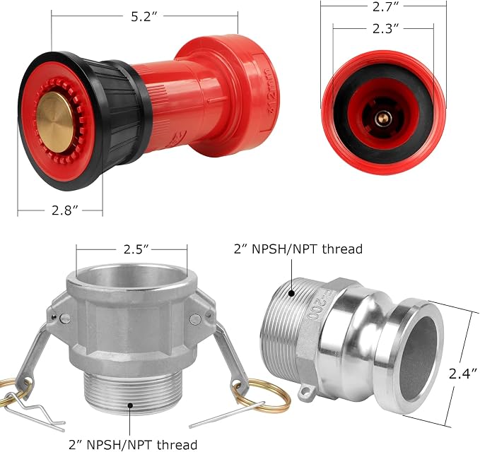 NOVINO Fire Hose Nozzle,2 inch NPSH Heavy-Duty Industrial Fire Hose Constant Flow Fog Nozzle with 2" Aluminum Camlock Fitting Coupling Equipment,2 Pack