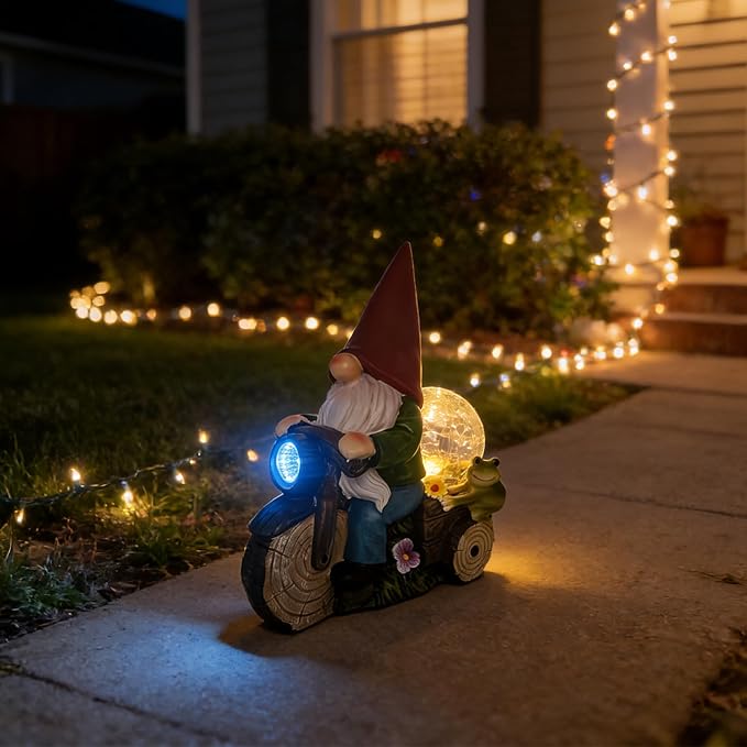 Solar Powered Garden Gnome on Motorcycle with Frog and Crackle Glass Globe, Outdoor LED Light Decor for Patio, Lawn, Yard, and Garden (Red)