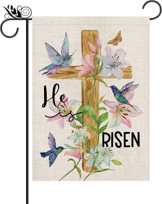 Easter Garden Flag Religious Cross Christian He is Risen Flower 12.5 x 18 Inch Burlap Double Sided Vertical Holiday Seasonal Spring Farmhouse Yard Outdoor Decorations