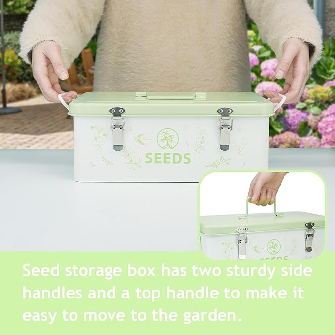 Seed Storage Box, Seed Storage Organizer with Garden String, 30 Seed Envelopes and Bamboo Plant Labels, 4 Compartments Garden Seed Organizer Box with Safety Locks, Light Green