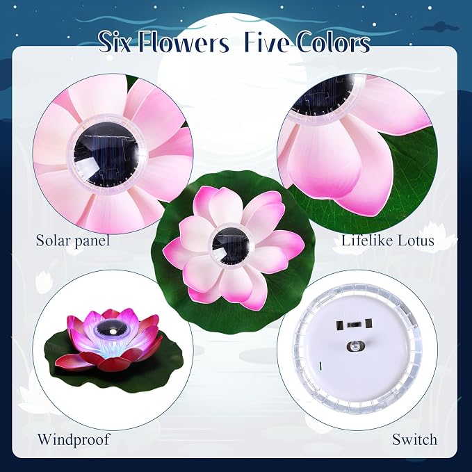 VIHOSE 30 Pcs Solar Floating Pond Lights Waterproof Solar Lotus Floating LED with Lily Pads Swimming Pool Pond Flower Night Lights for Patio Garden Pool Outdoor Party Decorations