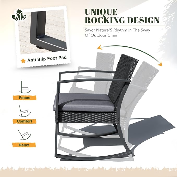 Devoko Resin Patio Furniture Set 3 Piece All Weather Outdoor Rocking Chairs with Cushions and Coffee Table for Bistro Balcony Porch (Gray)