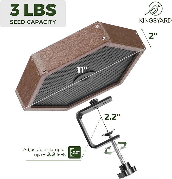 Kingsyard Clamp-On Deck Bird Feeder 11in Hexagon, Adjustable Balcony Railing Clamp 2.2in No-Drill, Recycled Plastic Seed Tray Metal Mesh Drainage Easy-Clean 3 lb, Brown