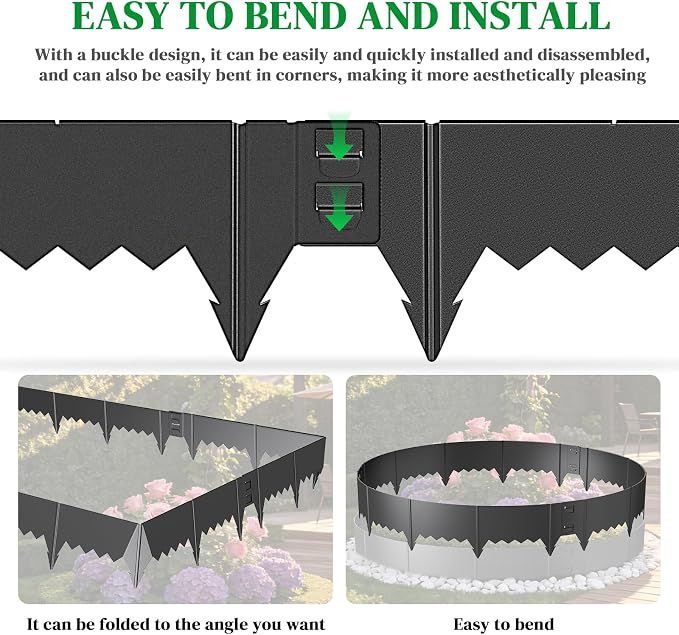 Hlogree 6 Pack Metal Landscape Edging, Garden Edging, Garden Border with 6 Pcs Anchor Stakes, No-Dig Hammer-in Heavy Duty Metal Edging Border for Flower Bed, Yard & Pathway (Black, 6inch)
